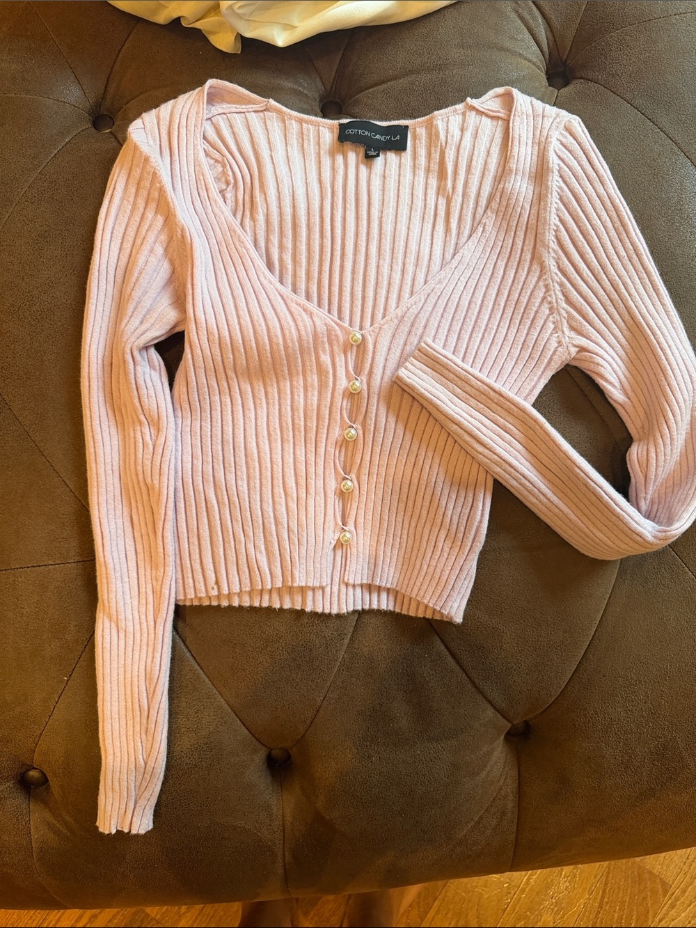 Cotton Candy Light Purple Ribbed V-Neck Cardigan with Pearl Buttons